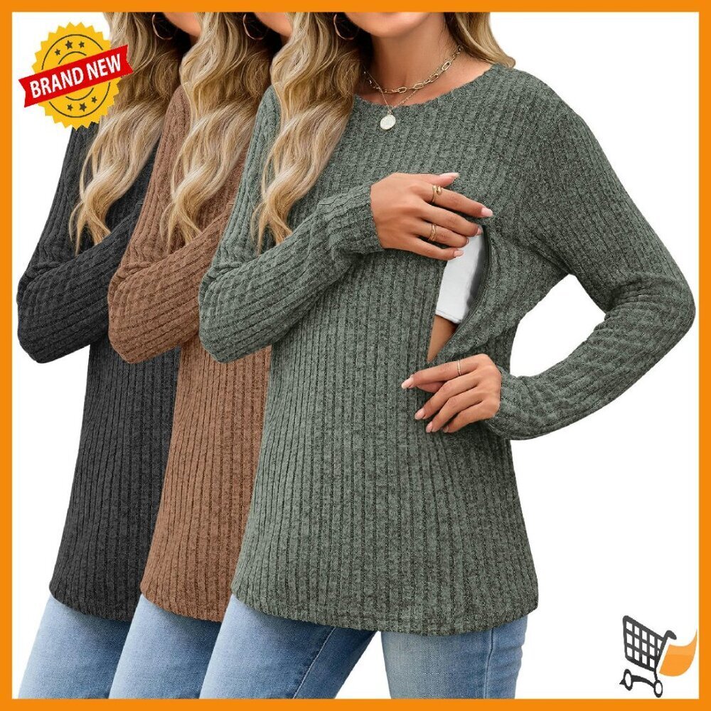 3 Pack Nursing Tops Long Sleeve Ribbed Sweaters Hidden Zipper Maternity